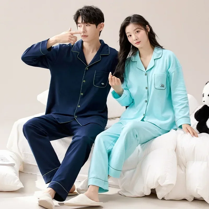 Korean Cotton Nightwear Couples Spring Men Long Pajamas Women Cardigan Fashion Loose Sleepwear Solid Pjs Pyjamas pijama mujer