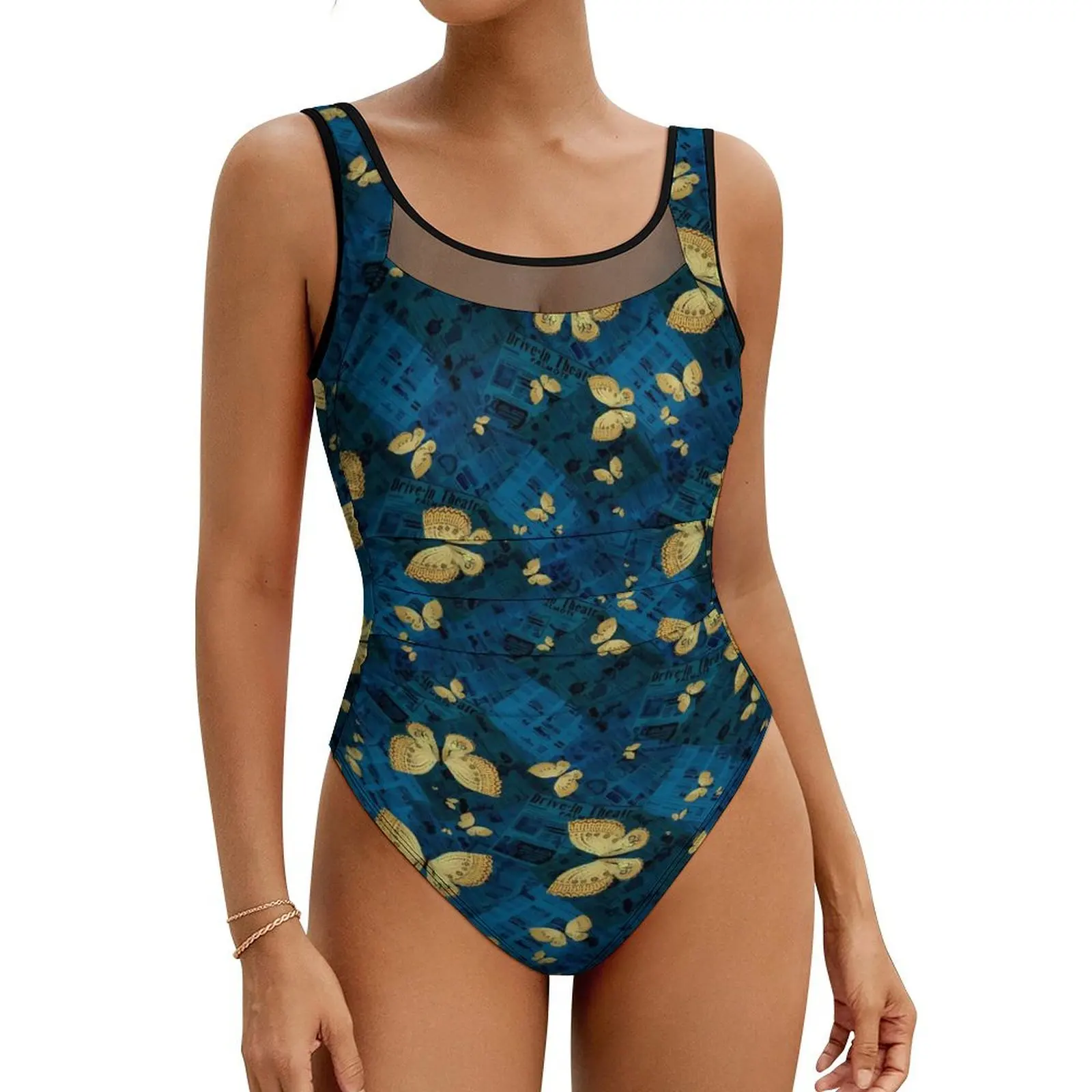 

Retro Butterfly Swimsuit Old Newspapers Swimwear One Piece Holiday Swimsuits Cut Out Monokini Women Push Up Sexy Beach Outfits