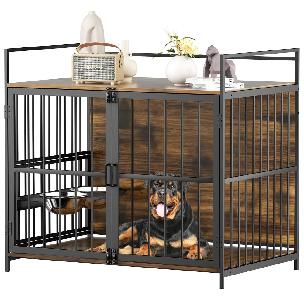 

2024 New Dog Crate with Two 360° & Adjustable Stainless Steel Bowls, End Table Dog House, Dog Kennels Indoor Use