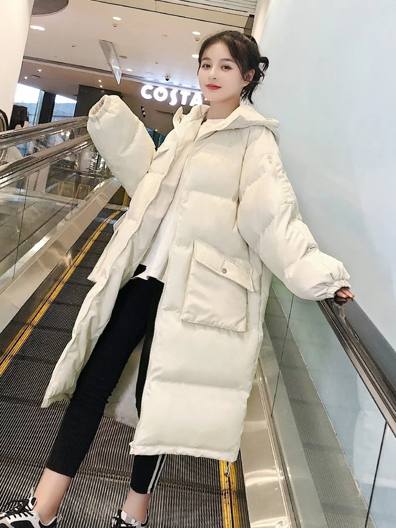 Plus Size Overcoat Winter Warm Cotton Jacket White  New Women Thick Down Padded Jacket Korean Loose Mid-length Hooded Black