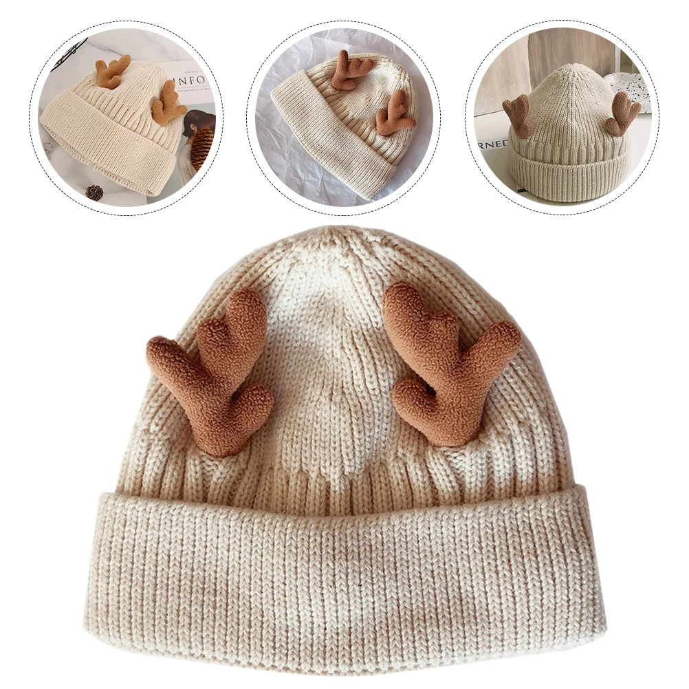 Men Hats Antler Knit Beanie Kids Scarf Christmas Antlers Cap Water Proof Beige Woolen Baby Toddler Santa Has