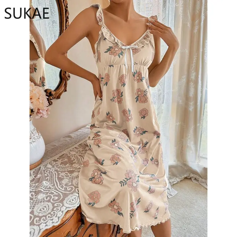 SUKAE Gorgeous Women Nightgowns Summer Retro Nightdress Ruffle Dress Elegant Floral Homedress Chic Slim Gowns Lady Lingerie