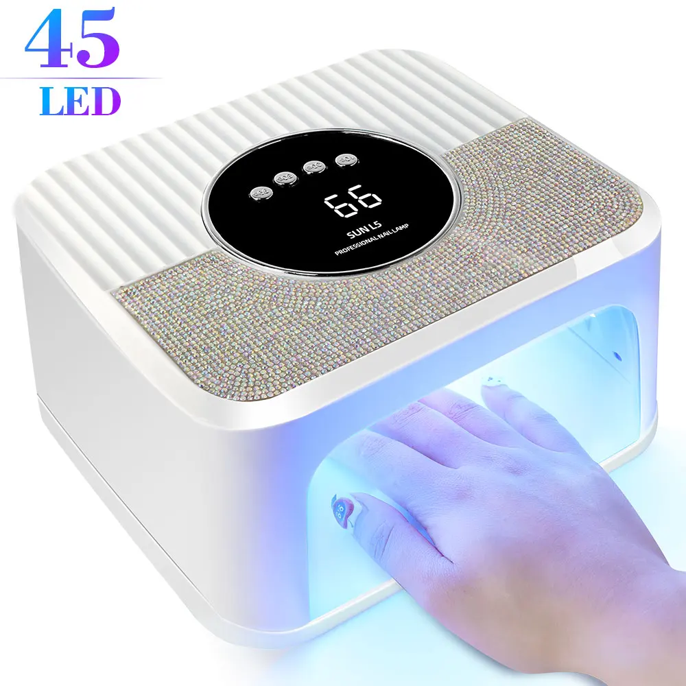 Lâmpada uv para arte em unhas, 45 contas, branco, rosa, com display de botão de 4 horas, sensor automático, lâmpada led para cura de todos os esmaltes em gel