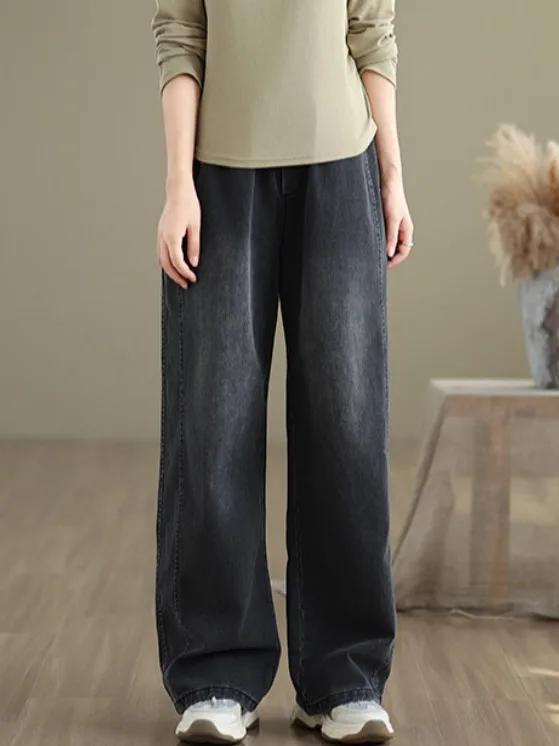 Damskie spodnie jeansowe retro plus size z elastyczną talią, luźne, uniwersalne, z prostymi nogawkami, szerokie nogawki, wyszczuplające, długie spodnie na wiosnę.