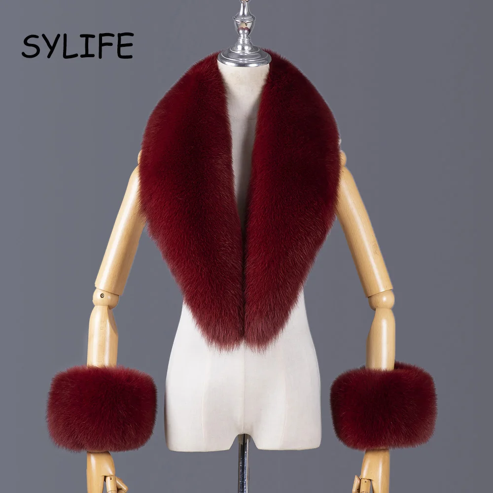 KTCZ 2025 echtem Fuchs Pelz Kragen Winter Frauen Luxus Pelz Schal Natürliche Pelzigen Pelz Kragen und Manschetten Set Hals Warme Fuchs Pelz schals für Mantel 6