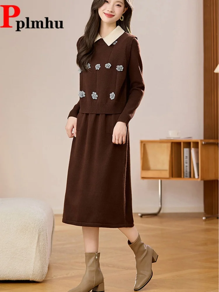 

Turn-Down Collar Flower Fashion Knitted Conjuntos Women's Casual Vest Dress 2 Piece Set Slim New Straight Sweater Ensemble