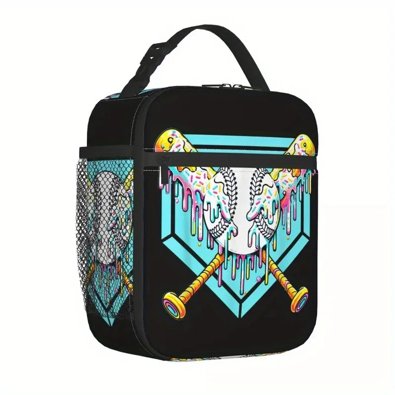 Baseball Bat Ice Cream Watercolor Thermal Insulated Lunch Bag - Durable Oxford Fabric, Portable Food Cooler with Vibrant Skull &
