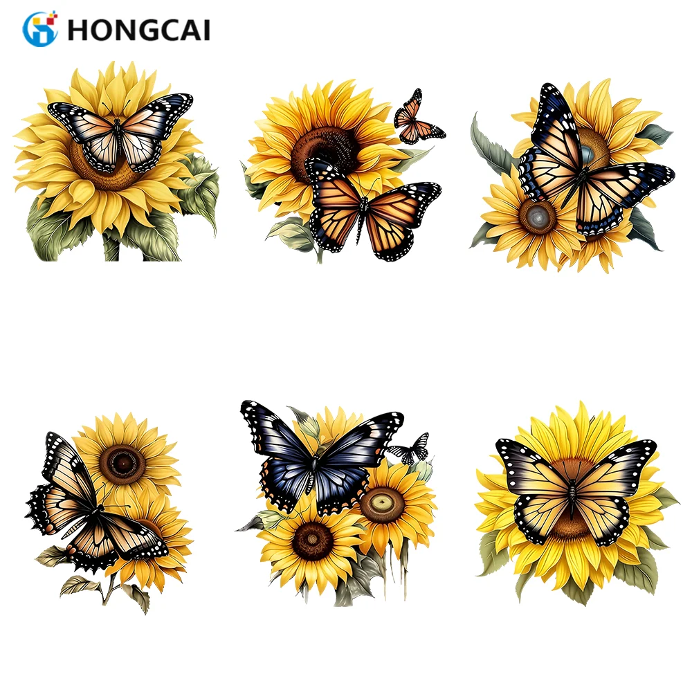 Set da 6 pezzi di adesivi in vinile a trasferimento termico con girasole fresco e farfalla, facili da stirare con colori luminosi e duraturi