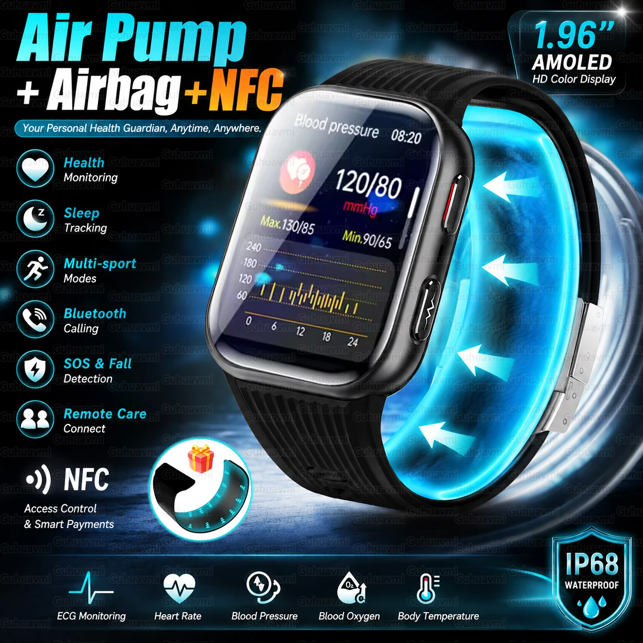 Luftpumpen-Airbag Smartwatch 1,96'' AMOLED BP EKG Herzfrequenz-Temperatur-Monitor SOS Bluetooth-Anruf NFC IP68 Wasserdichte Fitness-Uhr