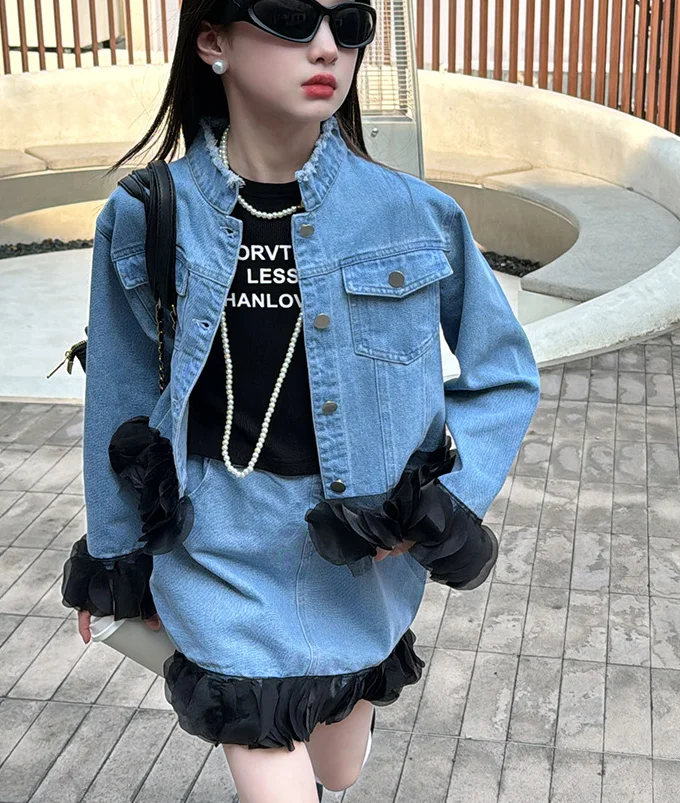 

New Baby Girls Fall Fashion Teenage Jean Sets Coat + Skirts Princess Elegant Suits 5-12T