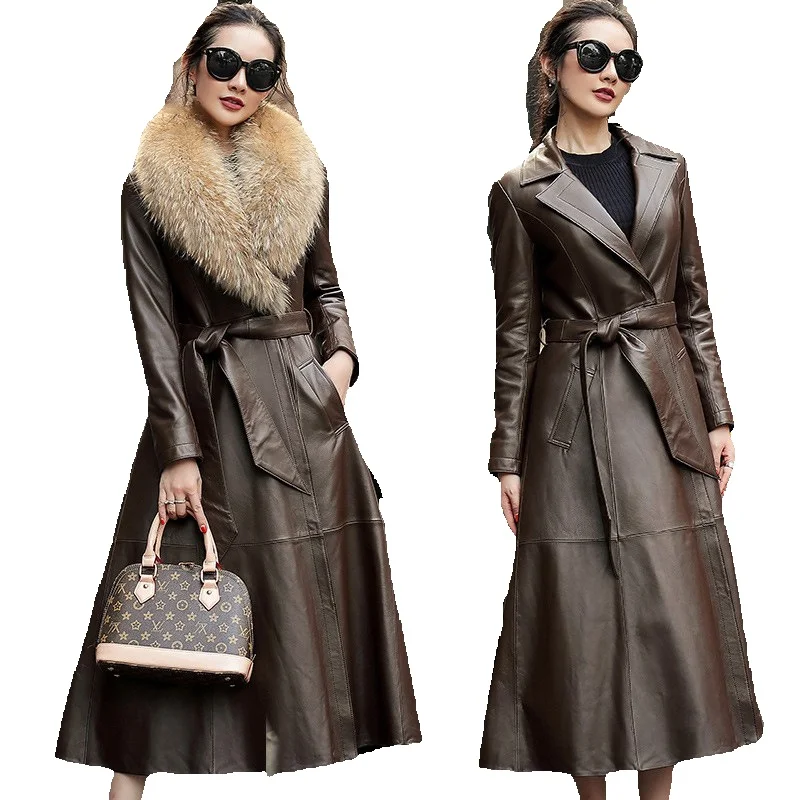 

Fashionable Genuine Leather Down Female Long Slim Fit New Sheep Leather Raccoon Fur Collar Jacket