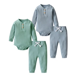 Toddler Infant Baby Boys Girls Casual Clothes Set Knitted Long Sleeve V-Neck Romper Top and Pants Spring Autumn Newborn Outfit