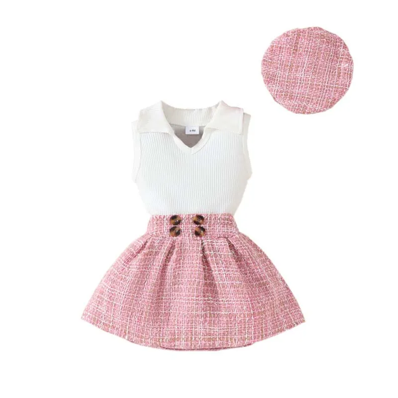 Baby Girl Clothes Set 6 Months-3 Years Lapel Sleeveless Slat Tee Tops Plaid Skirt with Hats 3Pcs Toddler Girls Outfit