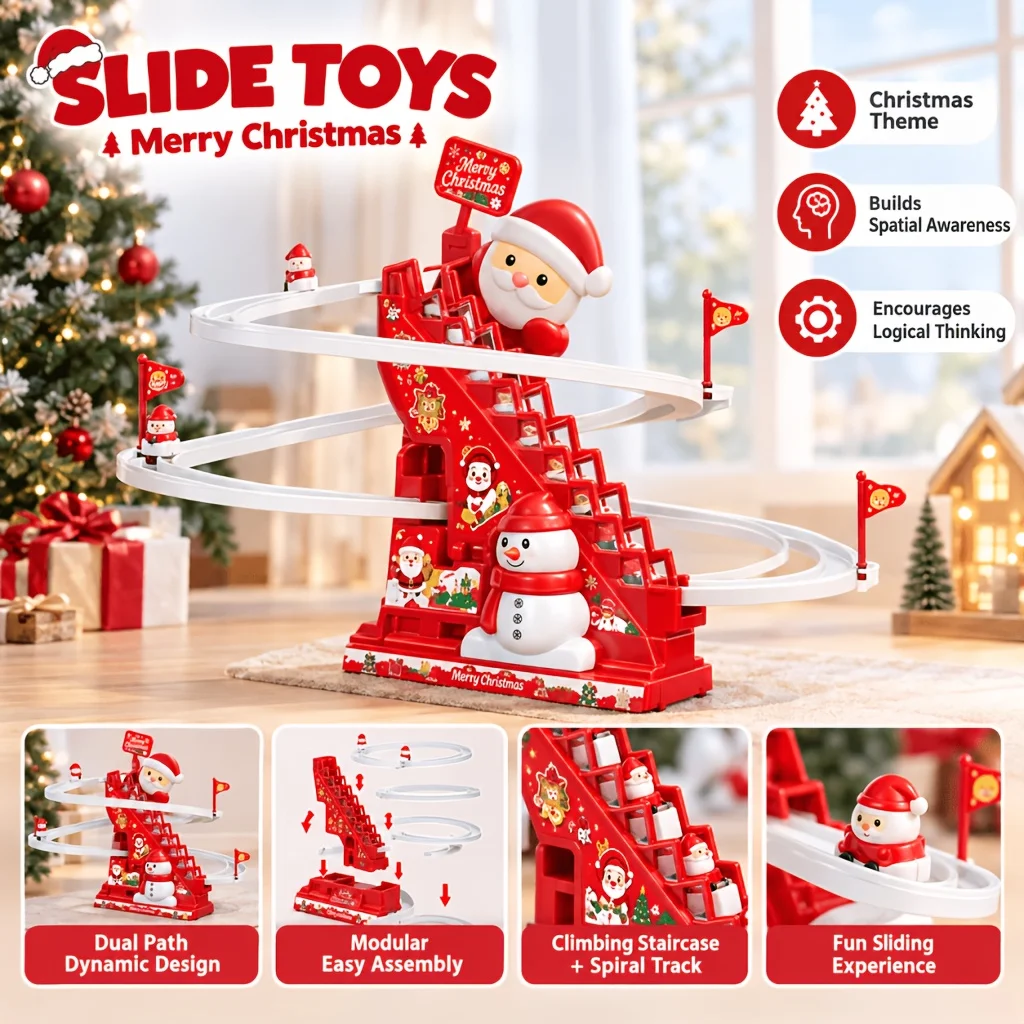Plastic Santa Snowman Track Toy, Red White Auto Climbing Stair Sliding Toy, Christmas Birthday Gift for Children