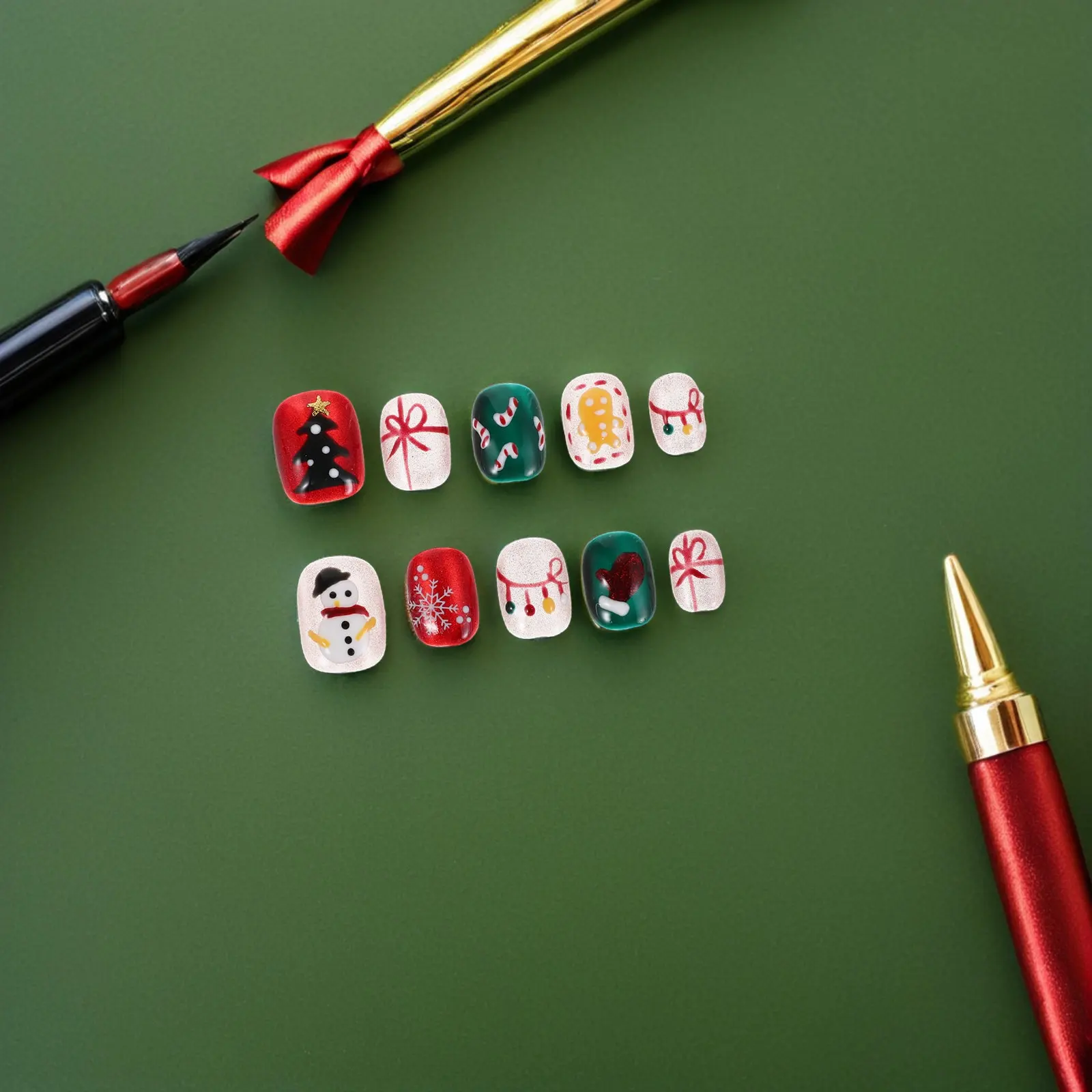 1Set Christmas Press on Nails Short Square Candy Cane Snowman Snowflake Holiday Fake Nails Xmas Party Manicure