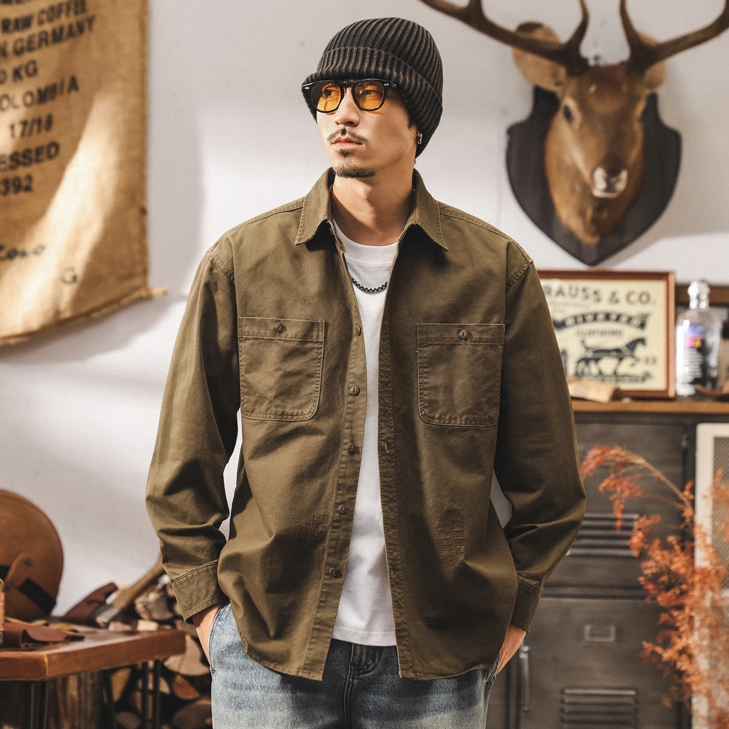 Spring and Autumn's new American retro autumn workwear shirt, men's long-sleeved loose jacket
