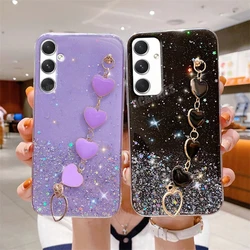 A 15 25 35 55 Love Heart Wrist Chain Glitter Case For Samsung Galaxy A15 A25 A35 A55 A14 M14 M54 M15 Bracelet Silicone Cover S24