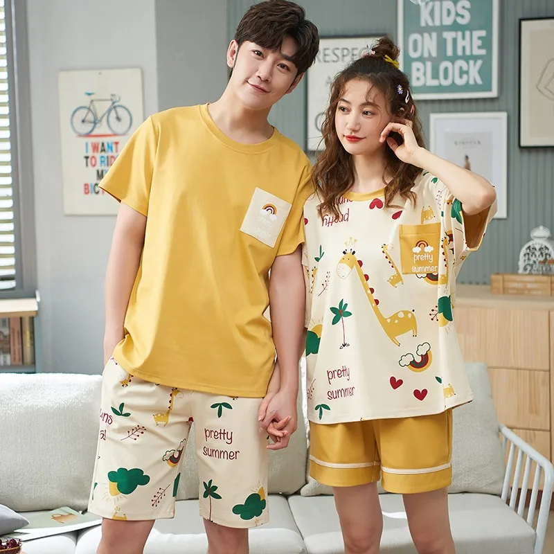 Cute Cartoon Couple Pajamas Set Summer Knited Cotton Men And Women Short-sleeved Sleepwear Casual Pyjamas