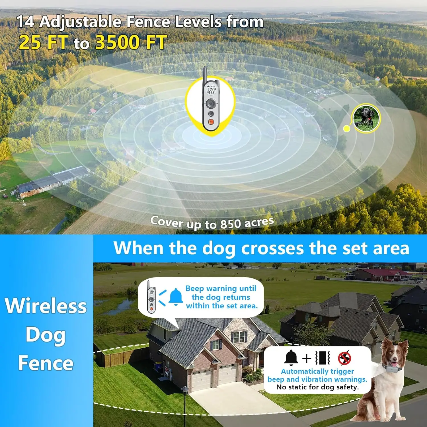 Dog  Electric Fence for Dogs Training Collar with Remote 856 Acre Wireless Pet Fence Outdoor No Wire Circul