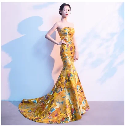 

Dragon Robe Fish Tail Maillot De Bain Vintage Wedding Dress Long Evening Gown Luxury Bride Performance Hostess Ceremony Dress