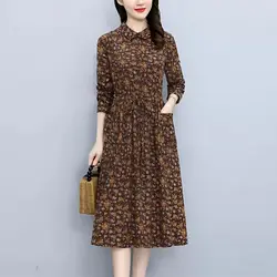 2023 Spring and Autumn Women's Mid Length Long Sleeved Slim Waist Wrapped Print Polo Drawstring Bottom Fashion Casual Dress