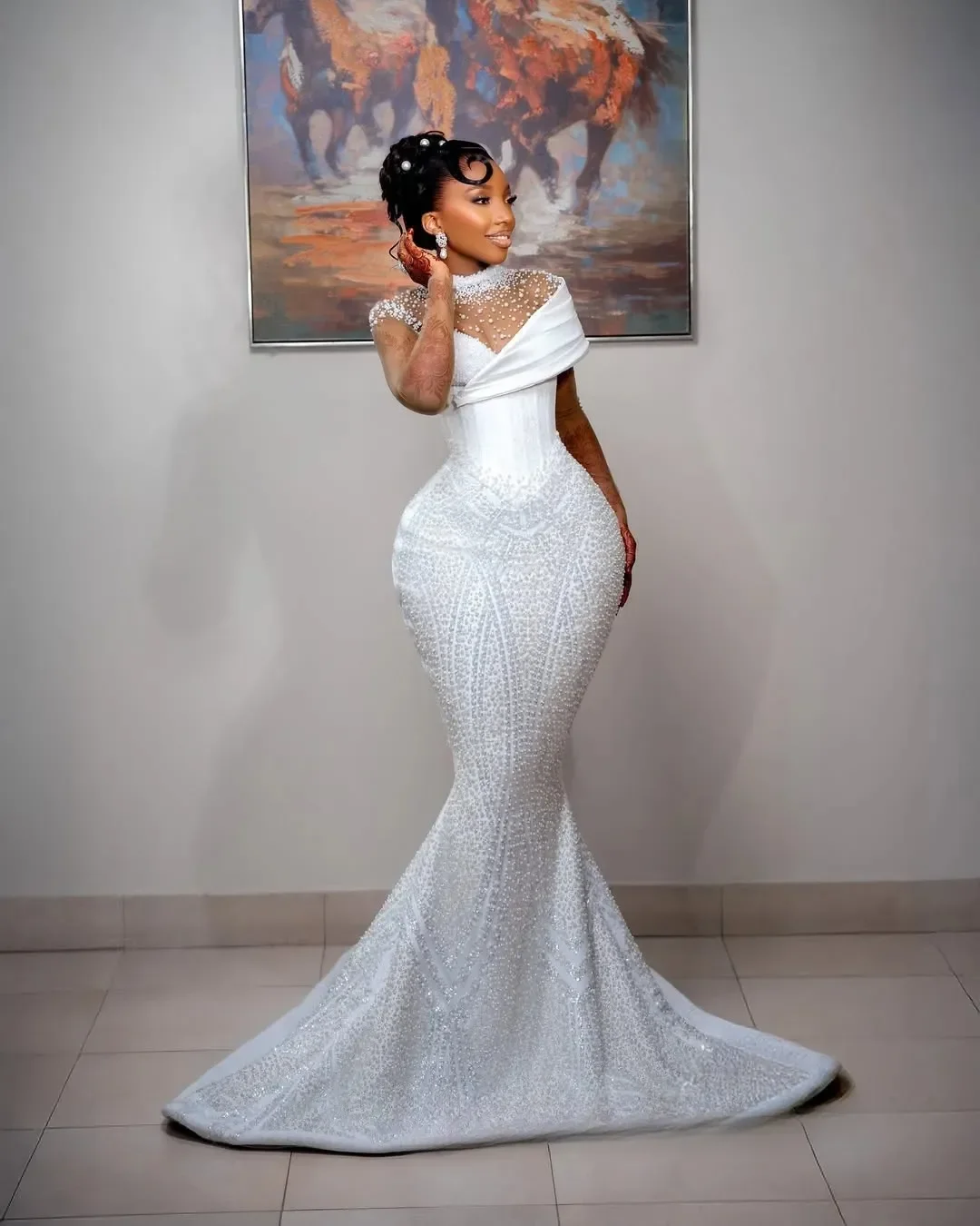 Vestido de novia de sirena con lentejuelas y cuentas brillantes, cuello alto personalizado, con falda extraíble, impresionante vestido de novia