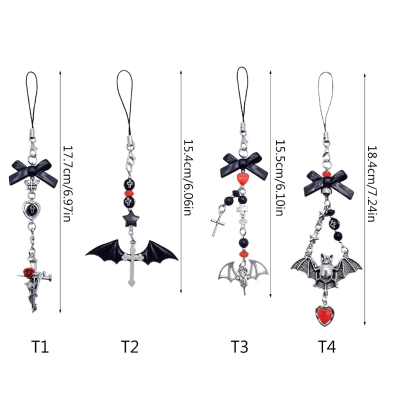 Gotischer Kreuz-Fledermaus-Handy-Anhänger, Perlen-Schlüsselanhänger, kurzes Anti-Verlust-Seil für Damen und Herren, ästhetische