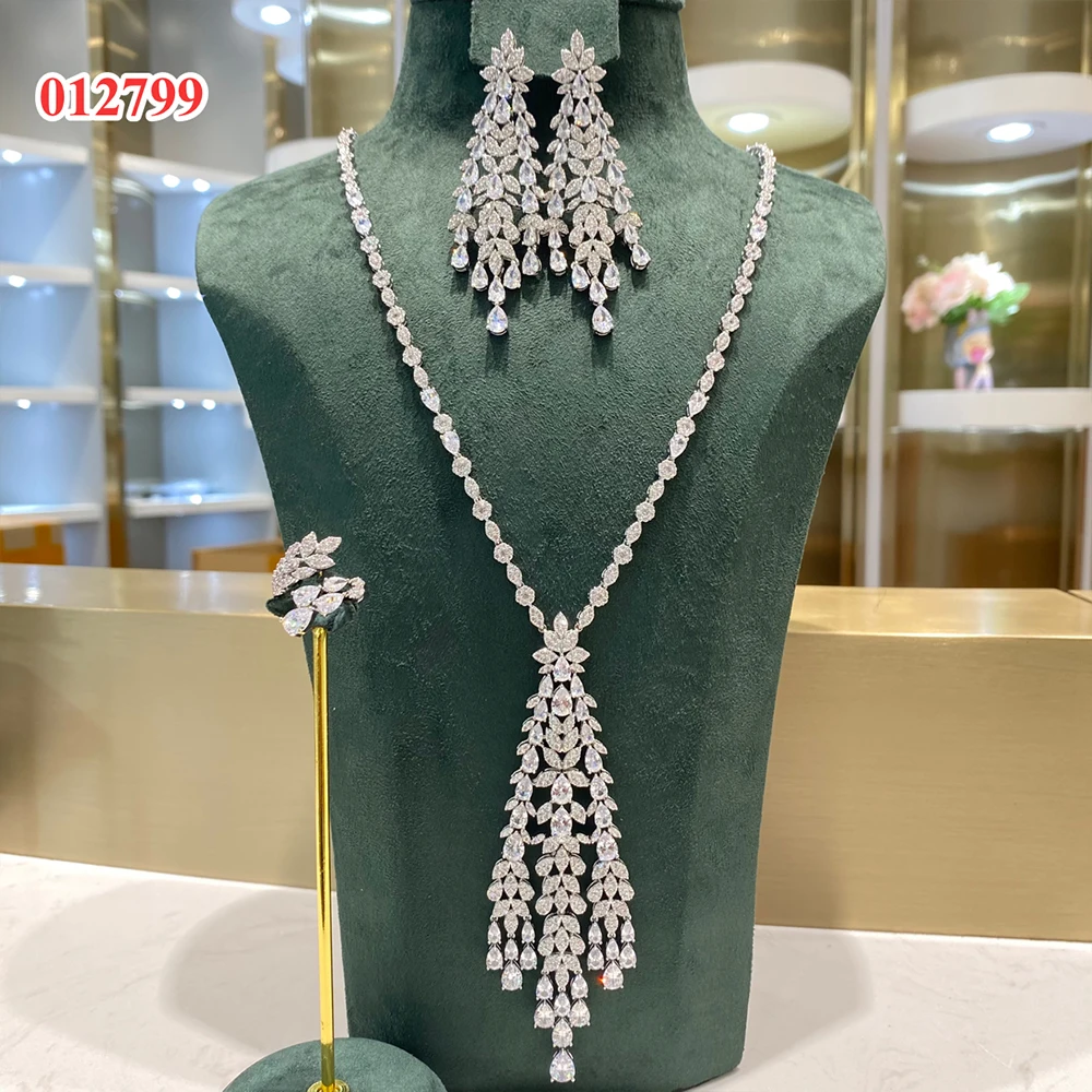 012799 Bridal Long Necklace Set Luxury Jewelry Delicate Cubic Zircon Necklace Earrings Ring for Women Wedding Accessories Gift