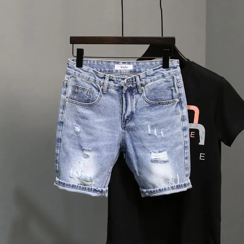 

Casual Denim Knee-Length Shorts for Men Korean Style High-Street Cat Whisker Distressed Slim Blue Summer Boyfriend Short Jeans