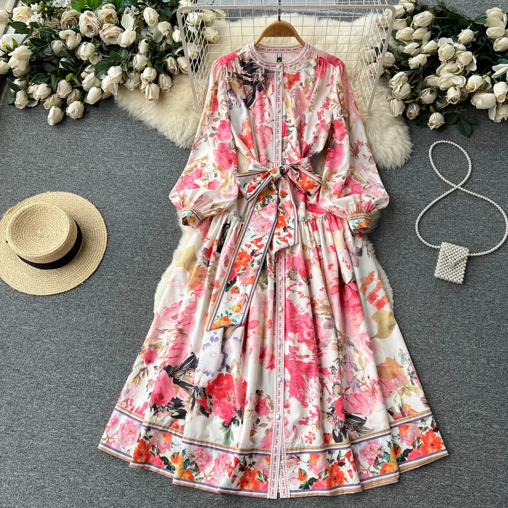 Vestido largo con estampado de flores para mujer, prenda elegante con cuello redondo, manga larga abullonada y cinturón, ideal para fiesta de vacaciones, Primavera, 2023