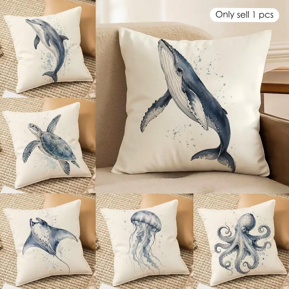 Watercolor Whale Sea Turtles Dolphins Cushion Cover Square Pillow Bedroom Sofa Leisure Comfort Living Room Home Decoration 40X40