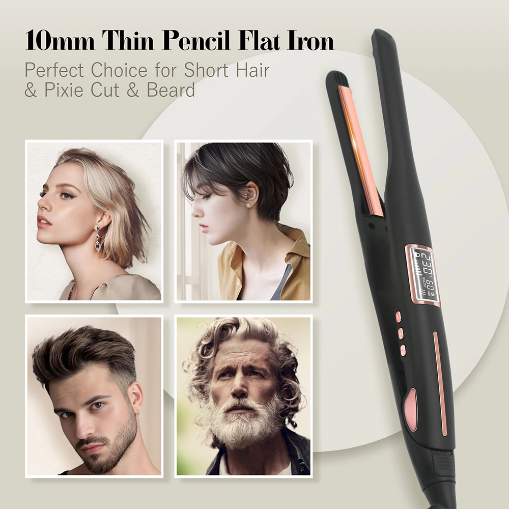 Mini Hair Straightener Curler Titanium Thin Plate Pencil Flat Iron For Short Hair Beard Pixie Cut Salon Styling Tool 100-240V view 3