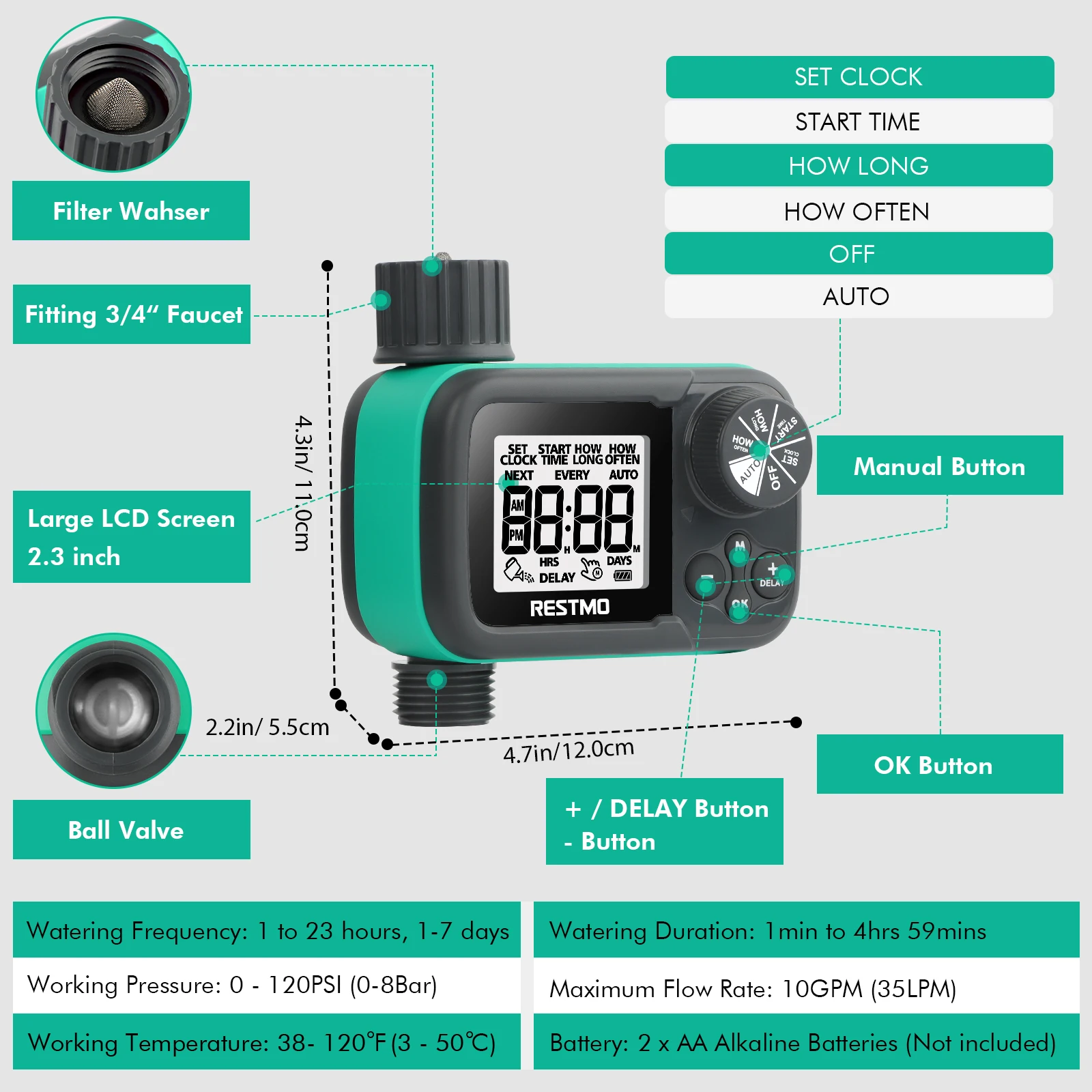 1/2PK Automatic Watering Timer 3 Modes Rain Delay  Ball Valve Garden Hose Irrigation Controller For Lawn Farm Outdoor Use