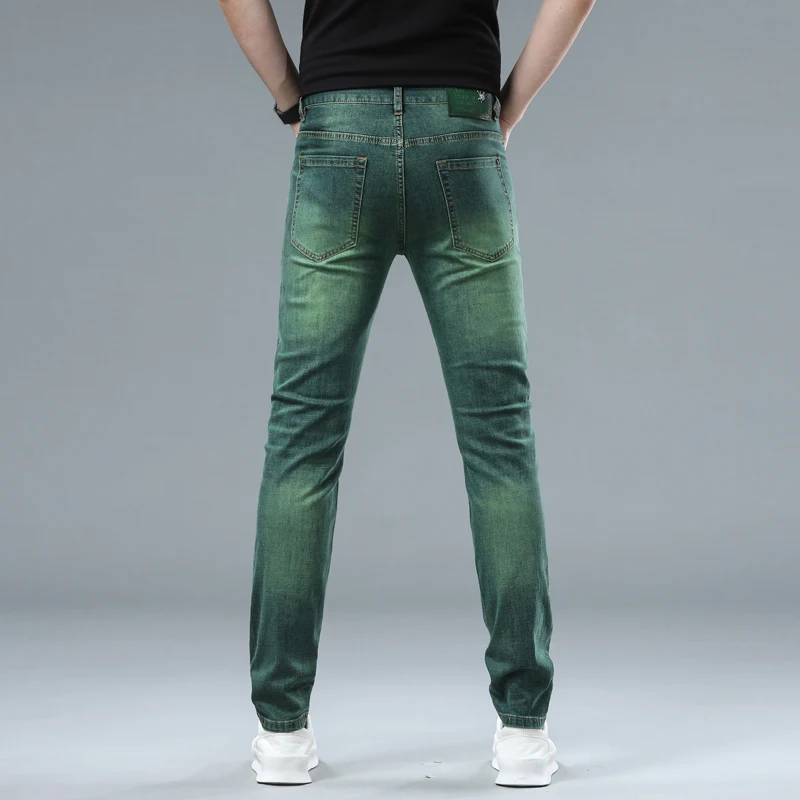 Affordable luxury fashion jeans men's stretch casual business all-match slim fit feet high-end green washed trousers