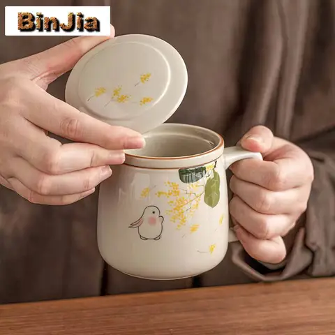250Ml Hand-Painted Osmanthus Office Water Cup Moon Rabbit Filter Tea Separator Separation Brewing Mug With Lid