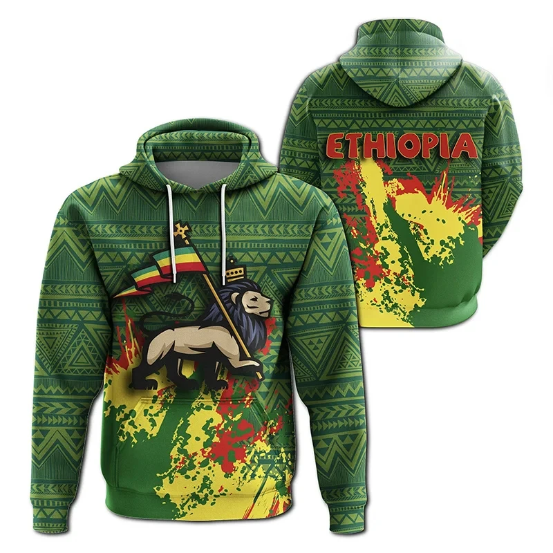 إثيوبيا أفريقيا مقاطعة العلم الريغي الرجعية القبيلة الأسد الجرافيك بلوزات الأرثوذكسية الوطنية شعار الصبي هودي الرجال عادية هوديي