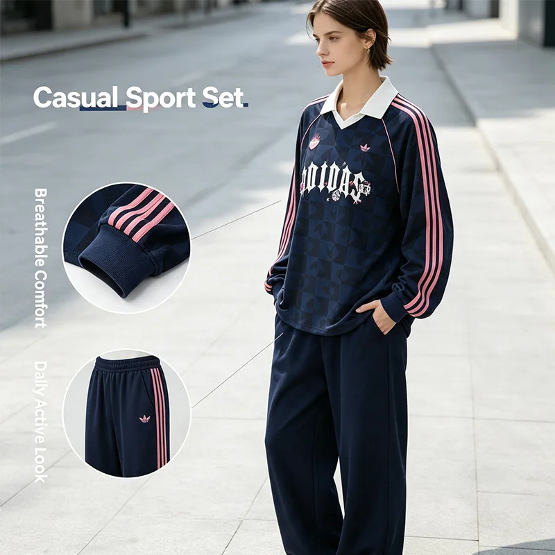Adidas Authentic Navy Color Block Tracksuit Ensemble de sport décontracté 2 pièces pour femme, doux et respirant, haut et pantalon de survêtement, tenue de détente