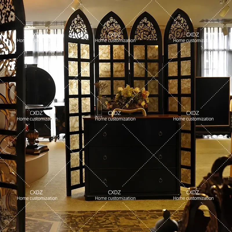 Neoclassical Retro Folding Screen Partition for Living Room Entrance and Bedroom Mobile Glass Divider Space Blocking Decor