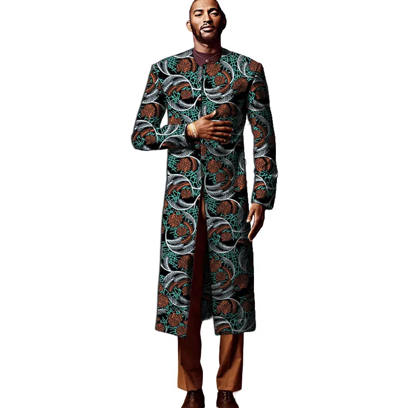 

Minimalist Design Men's Collarless Coat Vintage Print Long Blazers Trendy African Couture Cardigan Windbreaker Party Wear