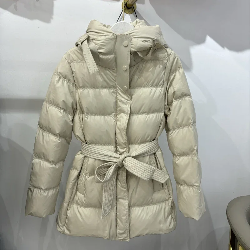 Schinteon 여성 화이트 오리 다운 재킷 후드 가을 겨울 따뜻한 사무실 레이디 아웃웨어 유행 코트 벨트 2024 새로운