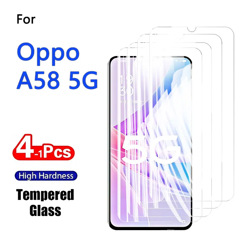 4-1PCS Displayschutzfolien Für Oppo A58 5G Schutz Gehärtetes Glas Kristall 9H HD Hohe Aluminium Anti Scratch fall Freundliche 6,56"