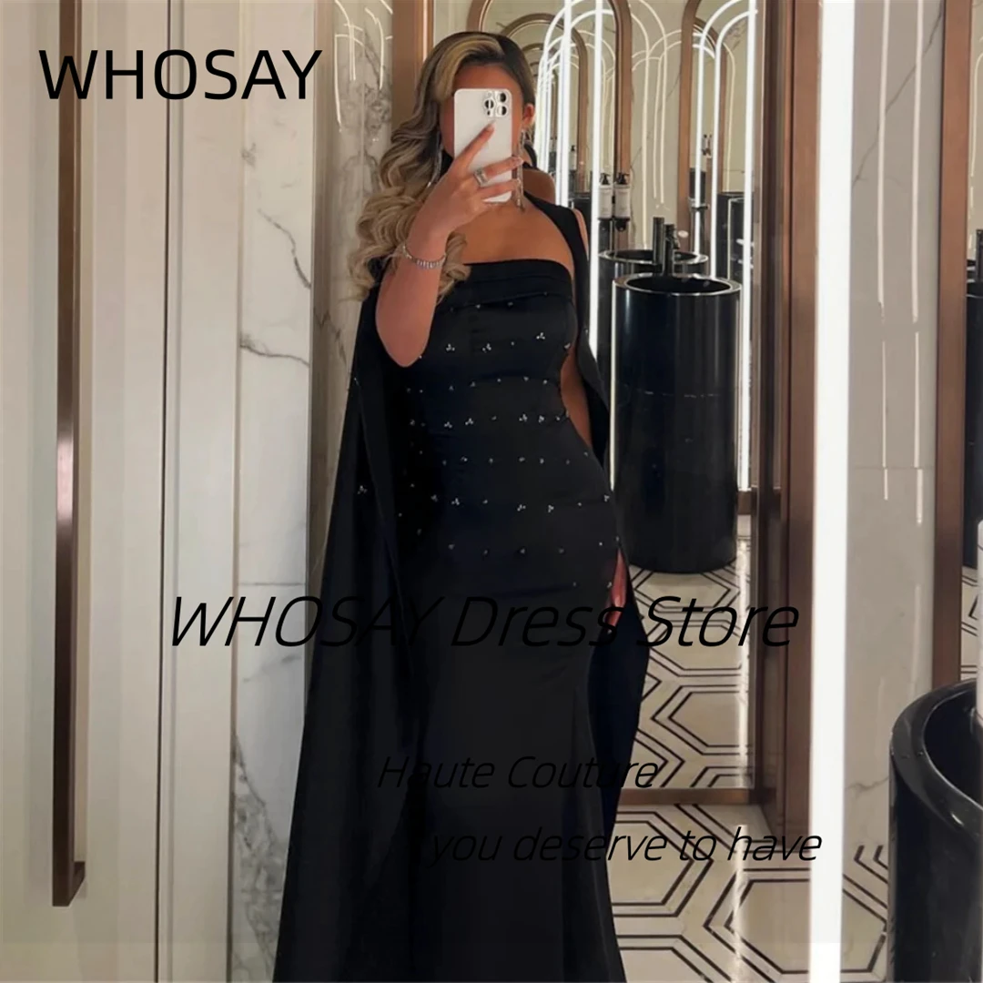 

WHOSAY Black Long Prom Dresses Strapless Beaded Luxury Evening Dress with Shawls Saudi Arabia Party Gowns Customized