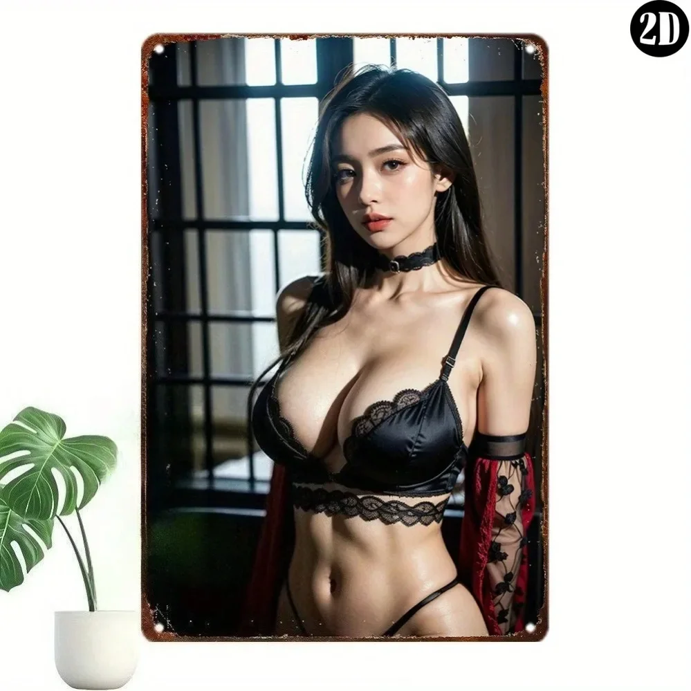 Vintage Metal Wall Art Sign 8x12 Inch, Anime Girl with Lace Corset Red Cape, Unique Goth Decor for Man Cave Room Garage Bar G