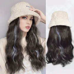 Highlight Color Long Wavy Hair Hat Wig Wear And Go Hat Wigs for Women Winter Warm Lambswool Floppy Cotton Hats with Hair