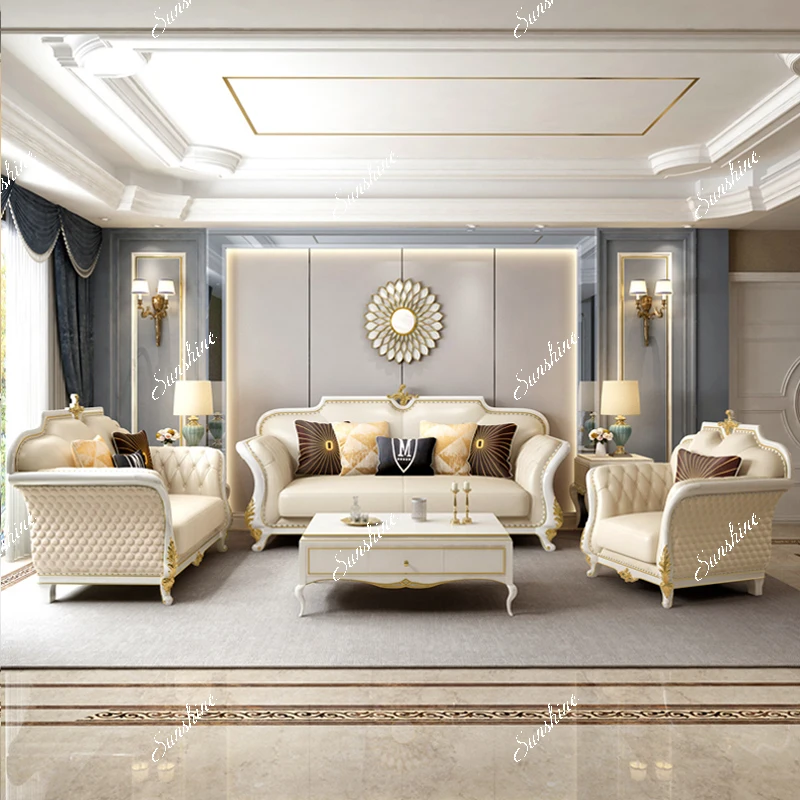 Light luxury leather sofa living room furniture solid wood size apartment luxury 123 combination