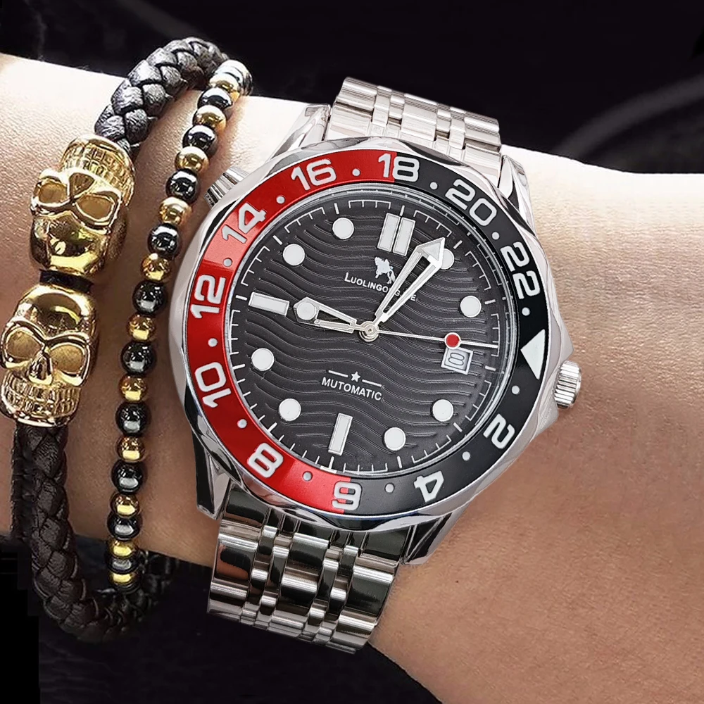 

Classic European and American Style Men's Automatic Mechanical Watch, Red and Black Dual-Color Rotating Bezel, Waterproof, Luminous Business Wristwatch, Steel Band, Light Luxury Trendy Sports Diving Men's Watch, Versatile for Commuting and Casual Wear, Po