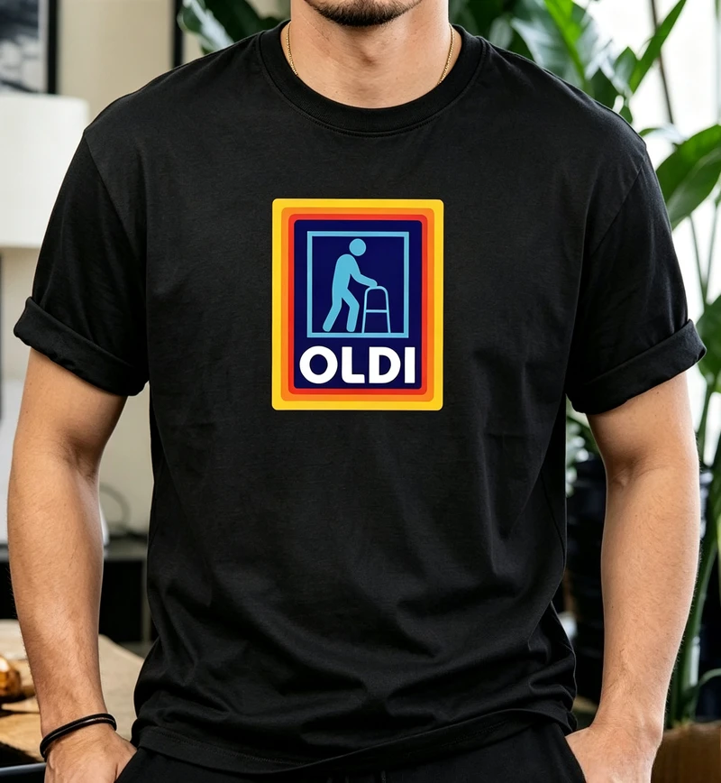 Oldi Funny Retro Sign Graphic T Shirt Sarcastic Old Man Walker Meme Tee Crew Neck Casual Short Sleeve for Dad Harajuku Y2k Top