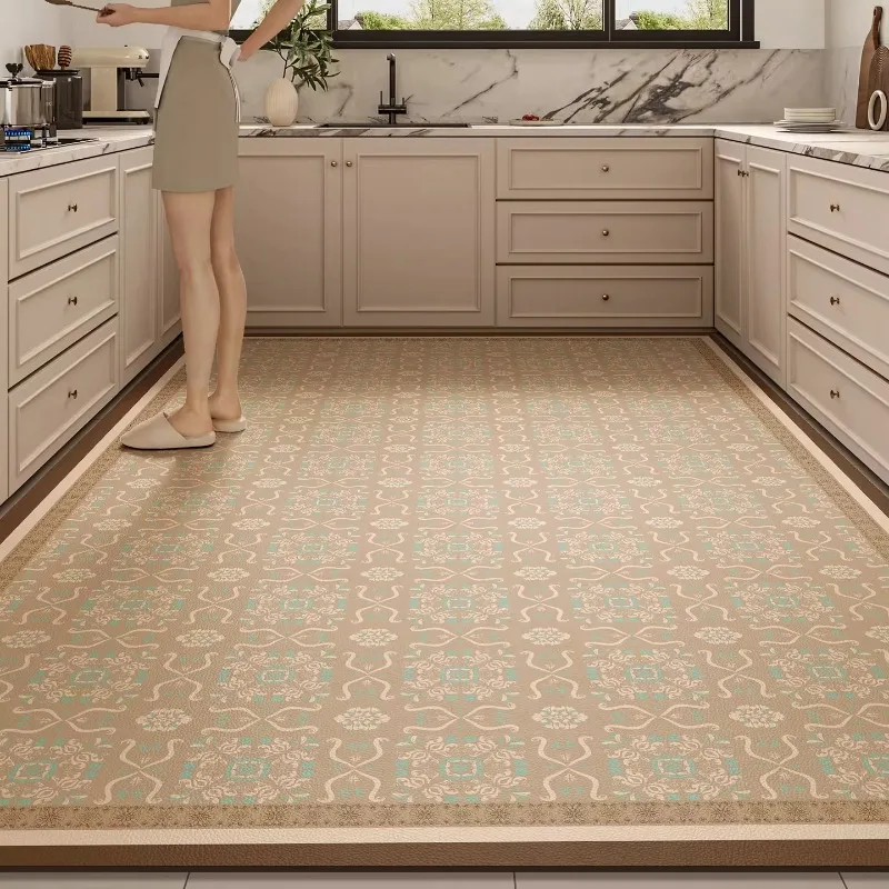 Light Luxury Printed Kitchen PVC Leather Anti-slip Floor Mat Oil-proof Dirt Resistant Carpet Home Decor Washable Easy Clean Rug