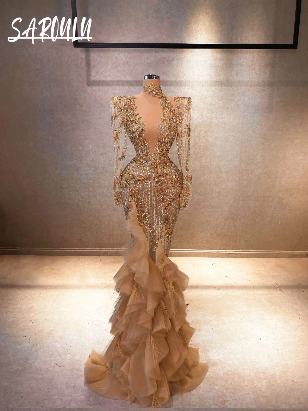 

Exclusive Ruffled With Tulle Fabric On the Bottom Evening Dress Illusion Mermaid Beaded Crystals Sexy Customized Women Prom Gown