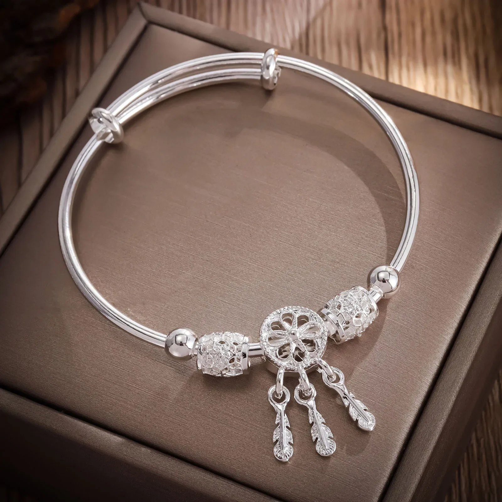 925 Sterling Silver Dreamcatcher Bangle para mulheres, pulseira borla de penas, talão redondo, charme ajustável, presentes de luxo da jóia do